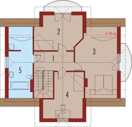Projekt domu Jędrzej - rzut poddasza, dom liczy 4 pokoje, 2 łazienki i wc