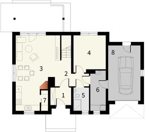 Projekt domu Madras - rzut parteru, dom liczy 4 pokoje, 2 łazienki i wc