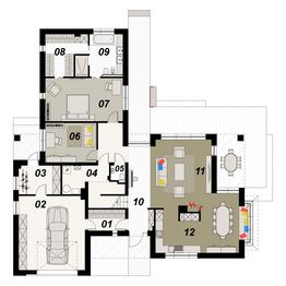 Projekt domu TK175 - rzut parteru, dom liczy 6 pokoje, 3 łazienki i wc