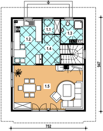 Projekt domu A-133 Dom jaśminowa - z bali - rzut parteru, dom liczy 3 pokoje, 2 łazienki i wc