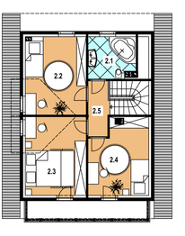 Projekt domu A-133 Dom jaśminowa - z bali - rzut poddasza, dom liczy 3 pokoje, 2 łazienki i wc