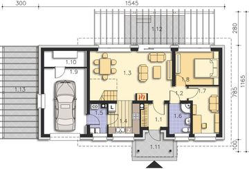 Projekt domu Leon II DCP231a - rzut parteru, dom liczy 4 pokoje, 2 łazienki i wc