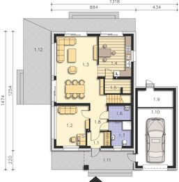 Projekt domu Bergamo III DCP343b - rzut parteru, dom liczy 4 pokoje, 2 łazienki i wc