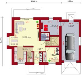 Parter projektu - Dom w Pensylwanii 2 z garażem (kotłownia na paliwo stałe)