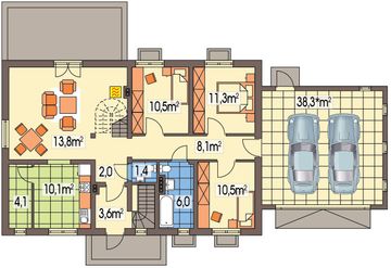 Parter projektu - Gienia wersja F z garażem podwójnym strop Teriva z piwnicą paliwo stałe