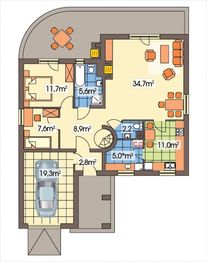 Parter projektu - Wierzba B garaż z przodu schody kręte