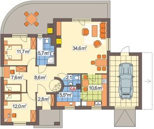 Parter projektu - Wierzba C garaż z boku schody kręte