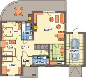 Parter projektu - Wierzba C garaż z boku schody proste