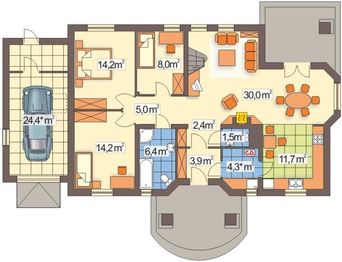 Parter projektu - Frodo wersja B dach 4-spadowy z pojedynczym garażem