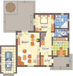 Parter projektu - Janusz wersja B z pojedynczym garażem na działkę od południa