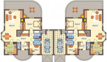 Parter projektu - W Sam Raz bliźniak wersja B z pojedynczym garażem
