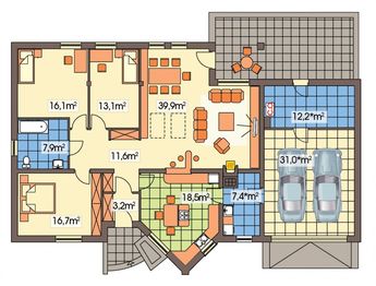 Parter projektu - Irys C z powiększoną kotłownią podwójny garaż
