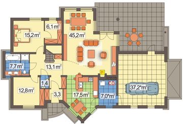 Parter projektu - Irys 2 B z powiększoną kotłownią, podwójny garaż, wąska działka