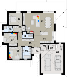 Projekt domu TK74 - rzut parteru, dom liczy 3 pokoje, 2 łazienki i wc