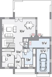 Parter projektu - Alamo wersja B z pojedynczym garażem paliwo stałe