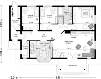Projekt domu D05 - rzut parteru, dom liczy 3 pokoje, 1 łazienki i wc