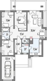 Parter projektu - Małgosia wersja B z garażem z przodu, parterowa, z wykuszem paliwo stałe