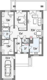 Parter projektu - Małgosia wersja BB z garażem z przodu, parterowa, bez wykusza paliwo stałe