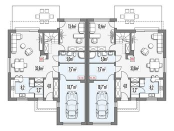 Projekt domu Vivien bliźniak wersja A paliwo stałe - rzut parteru, dom liczy 4 pokoje, 2 łazienki i wc