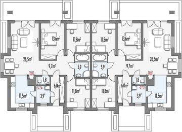 Parter projektu - Małgosia bliźniak wersja A bez garażu, parterowa, z wykuszem PS