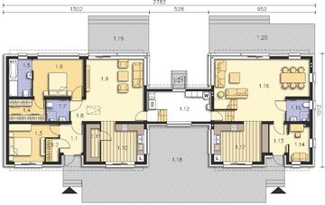 Projekt domu Odense DCP322 - rzut parteru, dom liczy 6 pokoje, 5 łazienki i wc