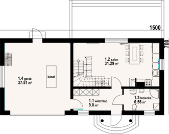 Projekt domu Gródek 55 - rzut parteru, dom liczy 3 pokoje, 2 łazienki i wc