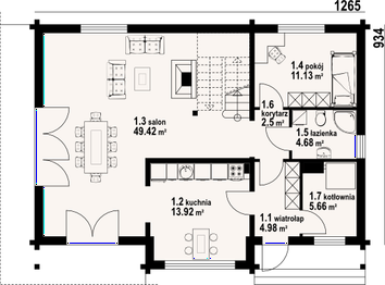 Projekt domu Bolesławice 15 dw - rzut parteru, dom liczy 4 pokoje, 2 łazienki i wc