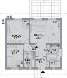 Projekt domu 105 - rzut parteru, dom liczy 2 pokoje, 1 łazienki i wc