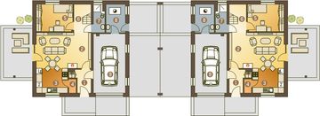 Projekt domu Nowinka z garażem i wiatą bliźniak [A1-BL1] - rzut parteru, dom liczy 4 pokoje, 2 łazienki i wc