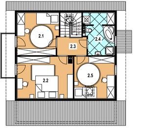 Projekt domu A-141 Dom topolowa - szkieletowy - rzut poddasza, dom liczy 4 pokoje, 2 łazienki i wc