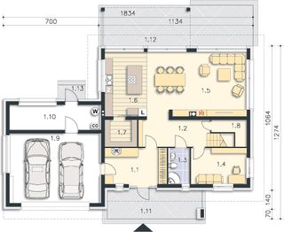 Projekt domu Carrara III DCP332b - rzut parteru, dom liczy 5 pokoje, 2 łazienki i wc