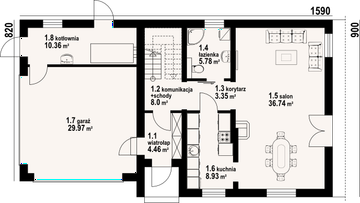 Projekt domu Osiek 15n - rzut parteru, dom liczy 4 pokoje, 2 łazienki i wc