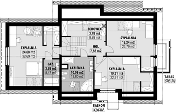 Projekt domu E-196 - rzut poddasza, dom liczy 4 pokoje, 3 łazienki i wc
