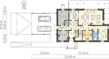 Projekt domu Przyjazny - rzut parteru, dom liczy 5 pokoje, 5 łazienki i wc