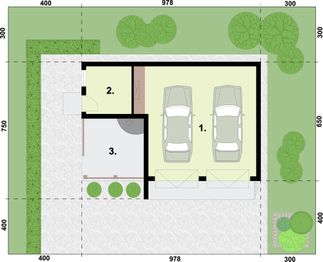 Parter projektu - G255 garaż dwustanowiskowy z pomieszczeniem gospodarczym i altaną szkielet drewniany