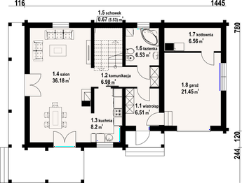Projekt domu Osiek 86 dw - rzut parteru, dom liczy 3 pokoje, 2 łazienki i wc