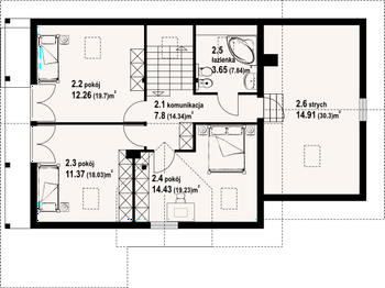 Projekt domu Osiek 86 dw - rzut poddasza, dom liczy 3 pokoje, 2 łazienki i wc