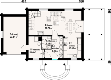 Projekt domu Cisna 25g dw - rzut parteru, dom liczy 3 pokoje, 2 łazienki i wc