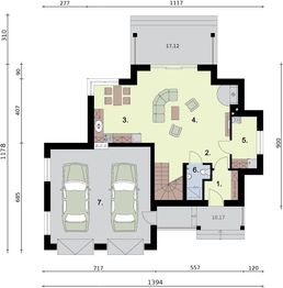 Projekt domu Brunei szkielet drewniany - rzut parteru, dom liczy 3 pokoje, 2 łazienki i wc