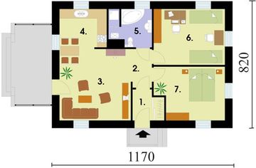 Projekt domu El Pinar szkielet drewniany - rzut parteru, dom liczy 2 pokoje, 1 łazienki i wc