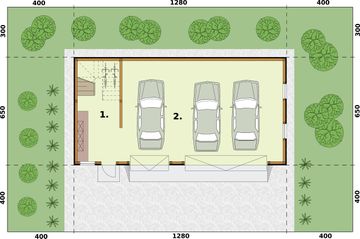 Parter projektu - G299 szkielet drewniany garaż trzystanowiskowy z pomieszczeniem gosodarczym i poddaszem
