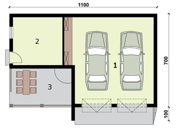 Parter projektu - G314 szkielet drewniany garaż dwustanowiskowy z pomieszczeniem gospodarczym i werandą