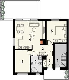 Projekt domu Riva - rzut parteru, dom liczy 4 pokoje, 2 łazienki i wc