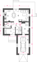 Projekt domu Egon II z garażem 1-st. [A] - rzut parteru, dom liczy 3 pokoje, 2 łazienki i wc