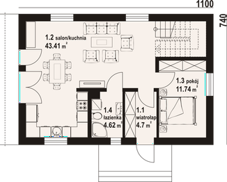 Projekt domu Bronowice 1m - rzut parteru, dom liczy 4 pokoje, 2 łazienki i wc