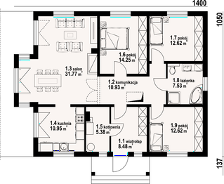 Projekt domu Zamość 1dws - rzut parteru, dom liczy 3 pokoje, 1 łazienki i wc