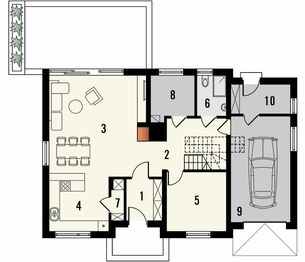 Projekt domu Format - rzut parteru, dom liczy 5 pokoje, 2 łazienki i wc