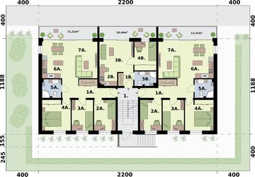 Piętro 1 projektu - San Pedro 2 - budynek wielorodzinny z balkonami