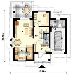 Projekt domu Puk - rzut parteru, dom liczy 4 pokoje, 2 łazienki i wc