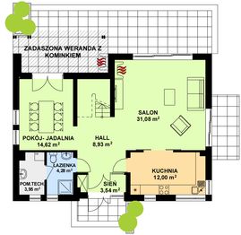 Projekt domu TK23 - rzut parteru, dom liczy 3 pokoje, 3 łazienki i wc